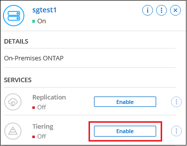 Una captura de pantalla que muestra la opción Setup Tiering que aparece en la parte derecha de la pantalla después de seleccionar un entorno de trabajo ONTAP en las instalaciones.