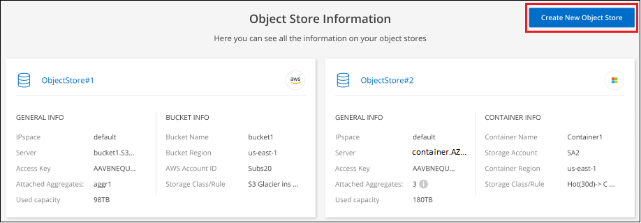 Captura de pantalla que muestra el botón Crear nuevo almacén de objetos para crear un nuevo almacén de objetos.