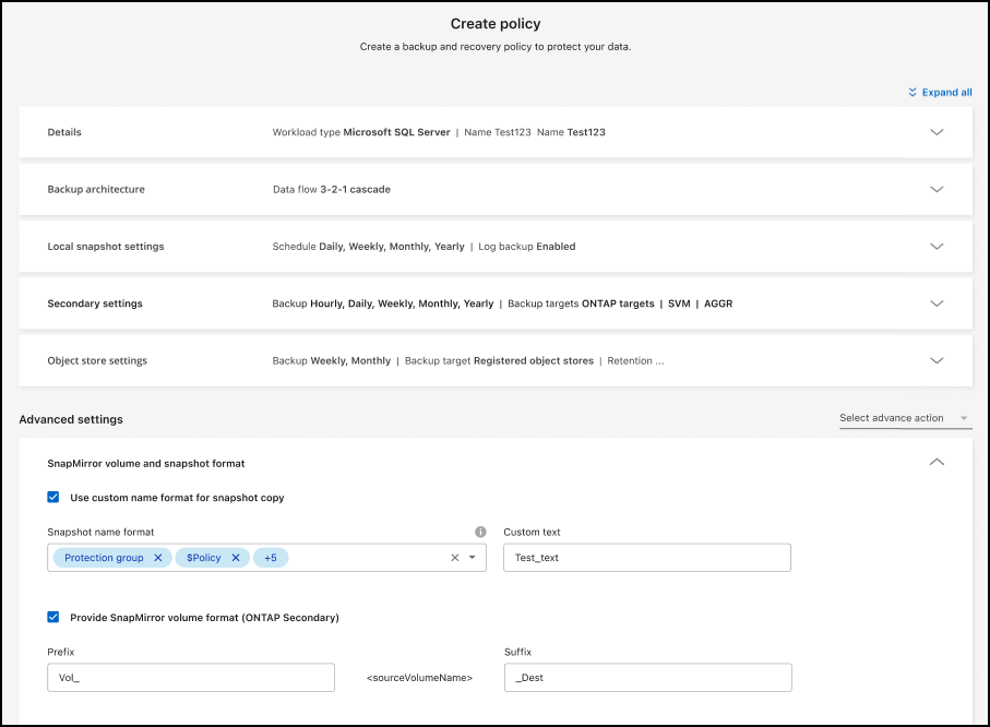 Captura de pantalla de la configuración del formato de instantáneas y SnapMirror para las políticas de NetApp Backup and Recovery
