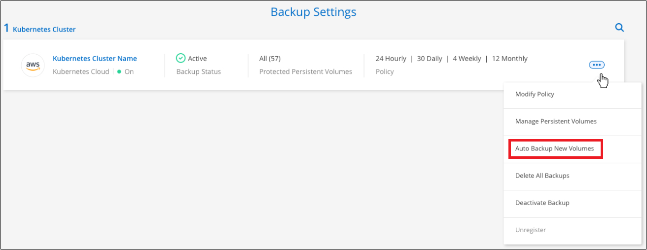 Captura de pantalla de selección de la opción copia de seguridad automática de nuevos volúmenes en la página Configuración de copia de seguridad.