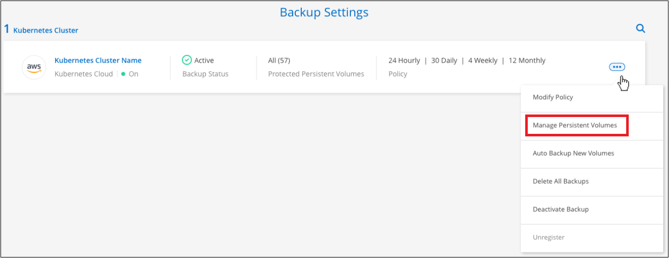 Captura de pantalla que muestra el botón Administrar volúmenes persistentes de la página Configuración de copia de seguridad.