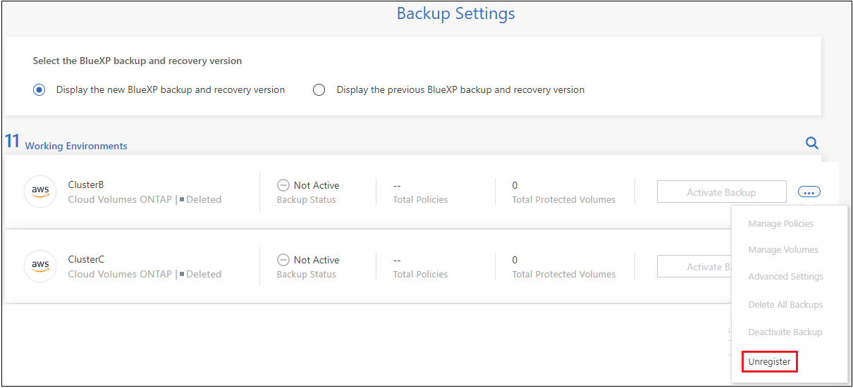 Captura de pantalla del botón Unregister backup para un entorno de trabajo.