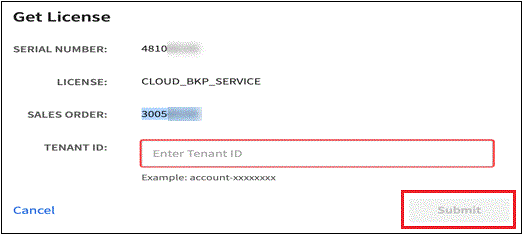 Una captura de pantalla que muestra el cuadro de diálogo obtener licencia donde se introduce el ID de inquilino y, a continuación, haga clic en Enviar para descargar el archivo de licencia.