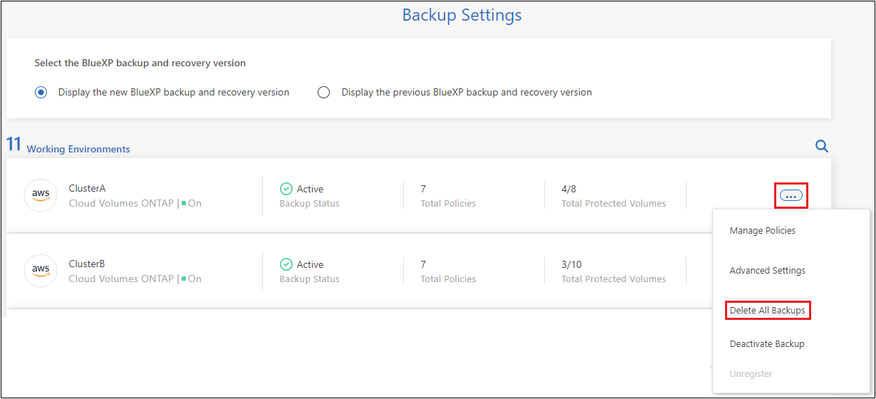 Una captura de pantalla de selección del botón Delete All backups para eliminar todas las copias de seguridad de un entorno de trabajo.