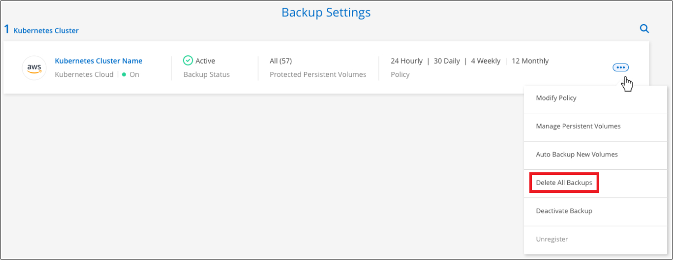 Una captura de pantalla de selección del botón Delete All backups para eliminar todas las copias de seguridad de un entorno de trabajo.