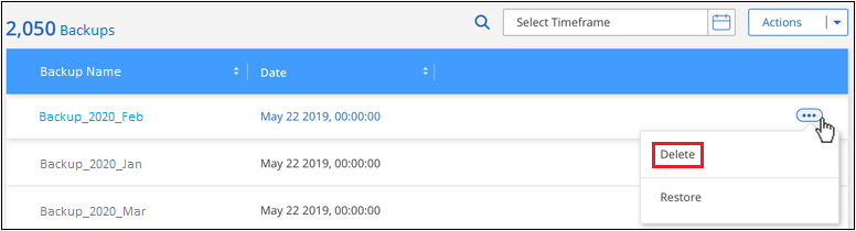 Una captura de pantalla que muestra cómo eliminar un único archivo de copia de seguridad.