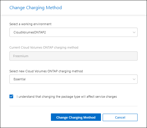 Una captura de pantalla del cuadro de diálogo Cambiar método de carga en la que puede elegir un nuevo método de carga para un entorno de trabajo Cloud Volumes ONTAP.