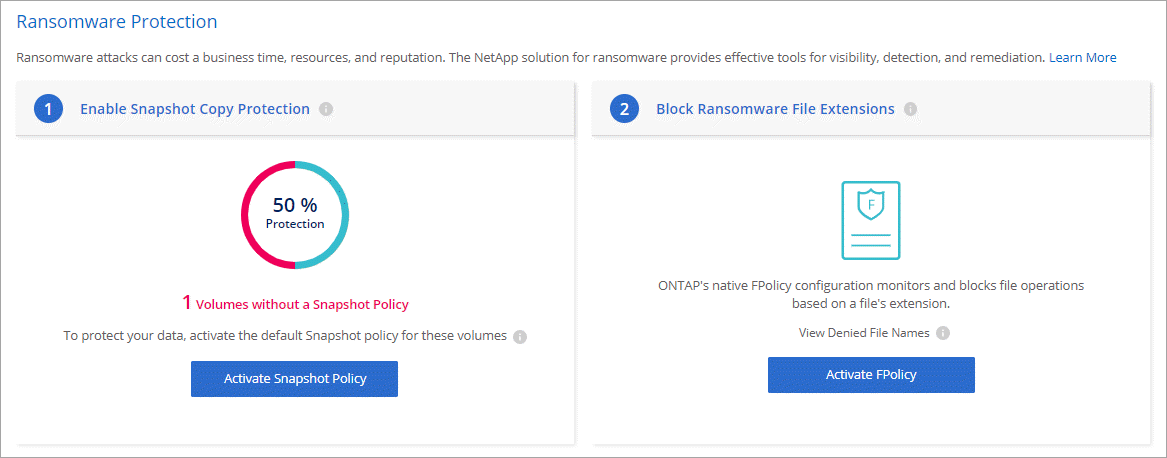 Una captura de pantalla que muestra la página Protección contra Ransomware disponible en un entorno de trabajo. La pantalla muestra el número de volúmenes que no tienen una política de Snapshot y la capacidad de bloquear extensiones de archivo ransomware.