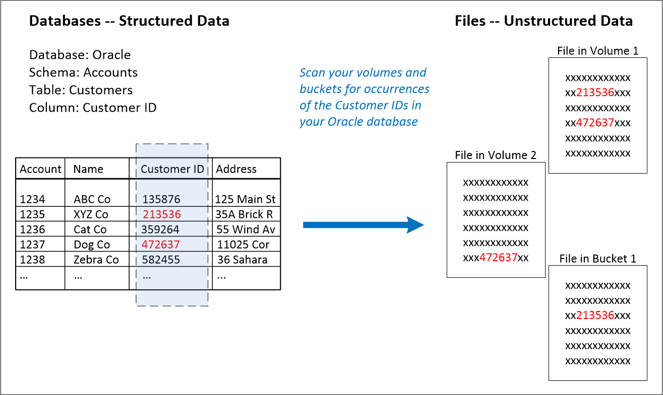 Un diagrama que muestra cómo se puede utilizar el contenido de las bases de datos como origen para identificar los archivos que contienen los mismos datos.