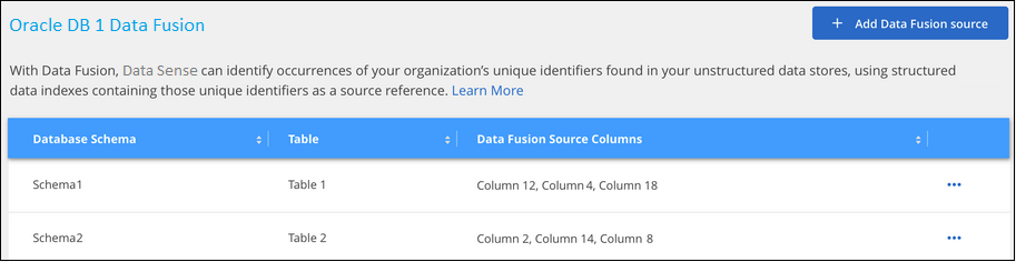 Una captura de pantalla de todas las referencias del origen de datos que haya configurado con Data Fusion.