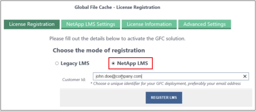 Una captura de pantalla que muestra cómo introducir un ID de cliente de LMS en las instalaciones en la página de Registro de licencias de almacenamiento en caché en el edge de BlueXP.