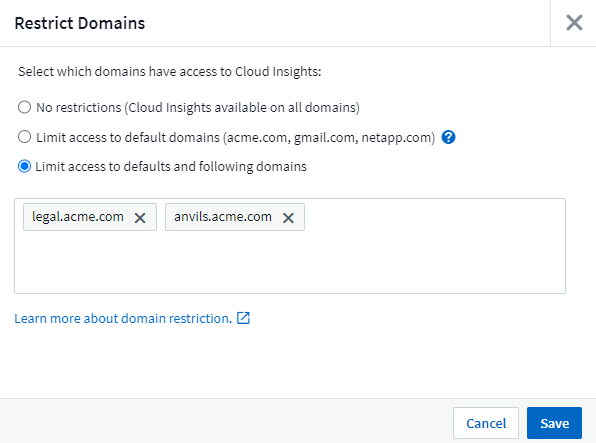 Restringir dominios a solo dominios predeterminados, valores por defecto más dominios adicionales que especifique o sin restricciones
