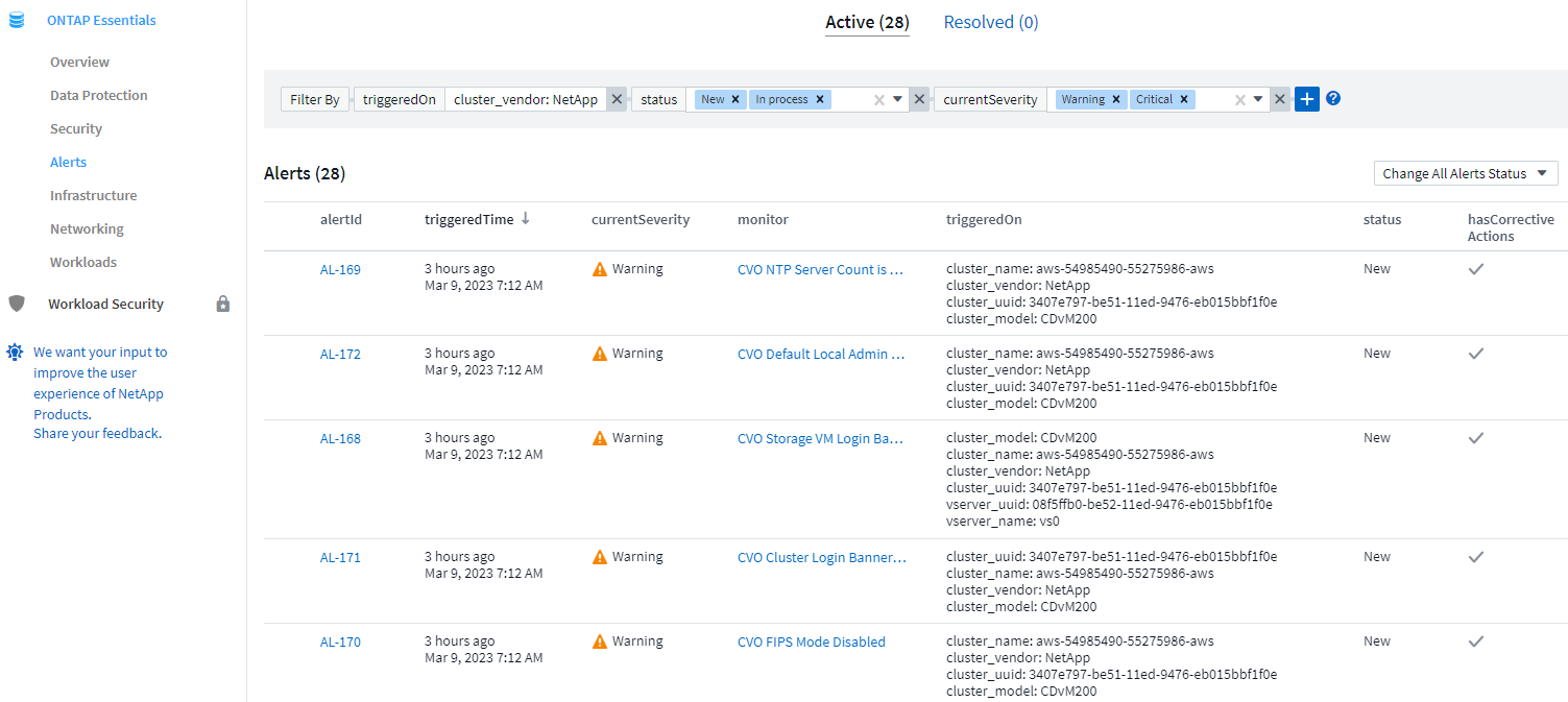 Lista de alertas de aspectos básicos de ONTAP