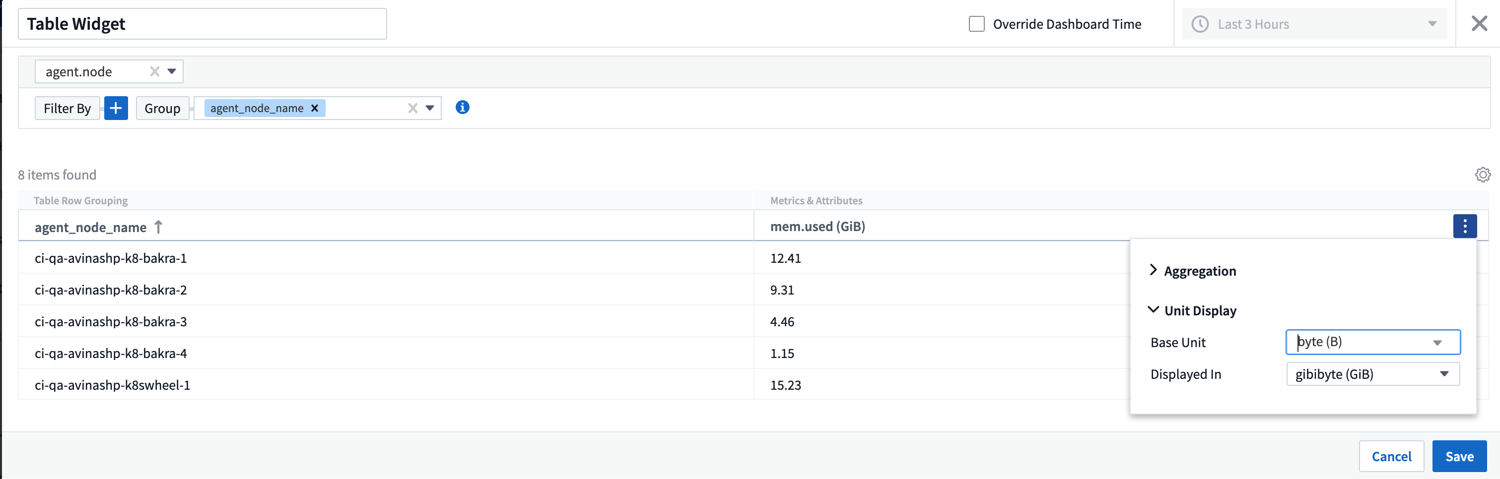 Gestión de unidades del widget de tabla