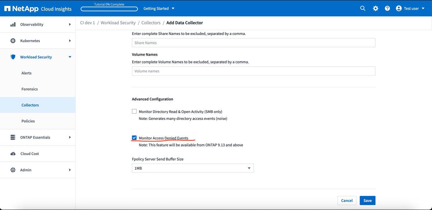 Activar acceso denegado en la configuración avanzada del recopilador de ONTAP