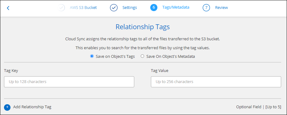 Una captura de pantalla que muestra la página Etiquetas/Metadatos al crear una relación de sincronización con Amazon S3.