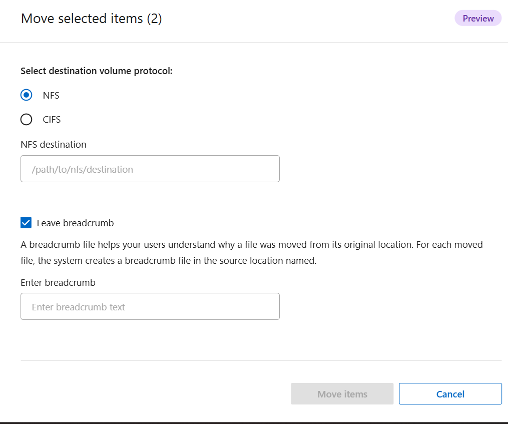 Captura de pantalla de la función de mover archivos NFS