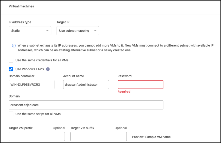 Captura de pantalla que muestra Agregar plan de replicación > Asignación de recursos > Máquinas virtuales