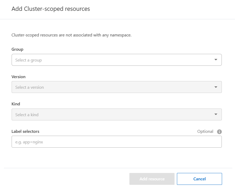 Captura de pantalla de add Cluster-scoped Kubernetes resources