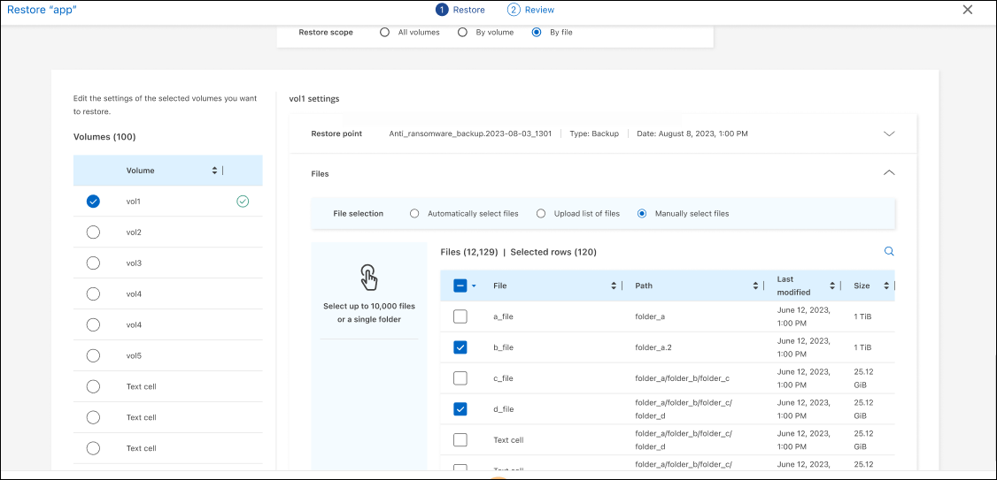 Seleccionar archivos manualmente para restaurar