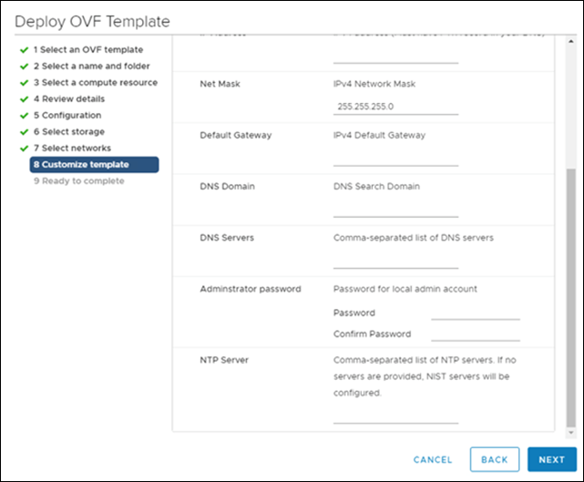 Captura de pantalla de la pantalla Desplegar plantilla de OVF