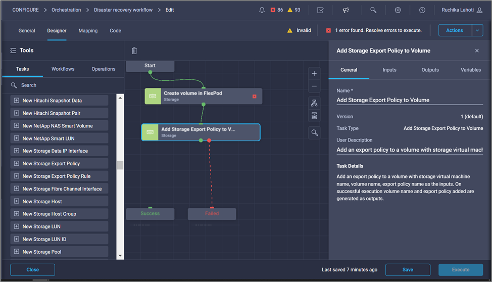 Captura de pantalla que muestra cómo establecer una conexión entre las tareas Crear volumen en FlexPod y Agregar directiva de exportación de almacenamiento.