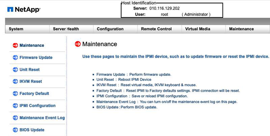 La muestra la pantalla de mantenimiento en la interfaz de usuario del BMC.