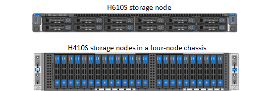 Muestra la vista frontal de los nodos de almacenamiento H610S y H410S.