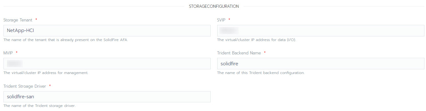 Muestra la información de configuración del almacenamiento que se debe introducir para Trident.