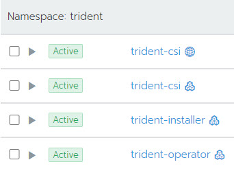 Muestra los componentes de espacio de nombres de Trident.