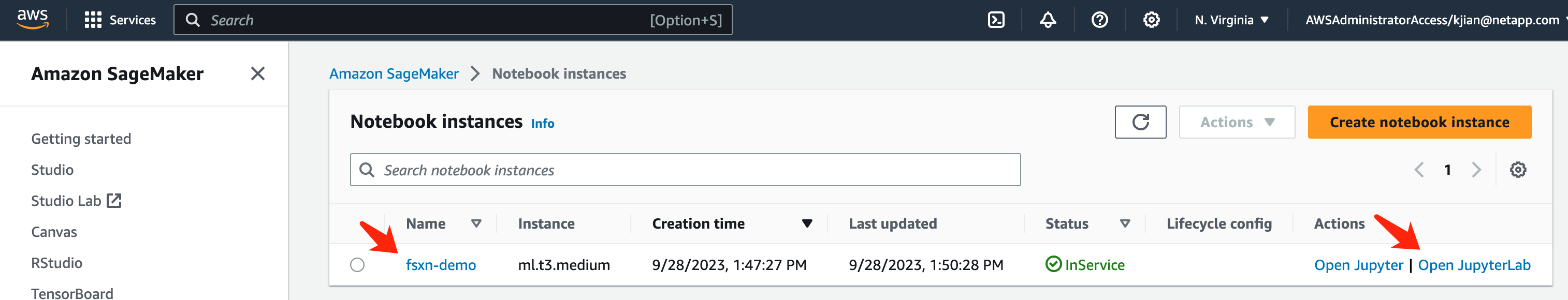 Consola de instancia de AWS SageMaker Notebook