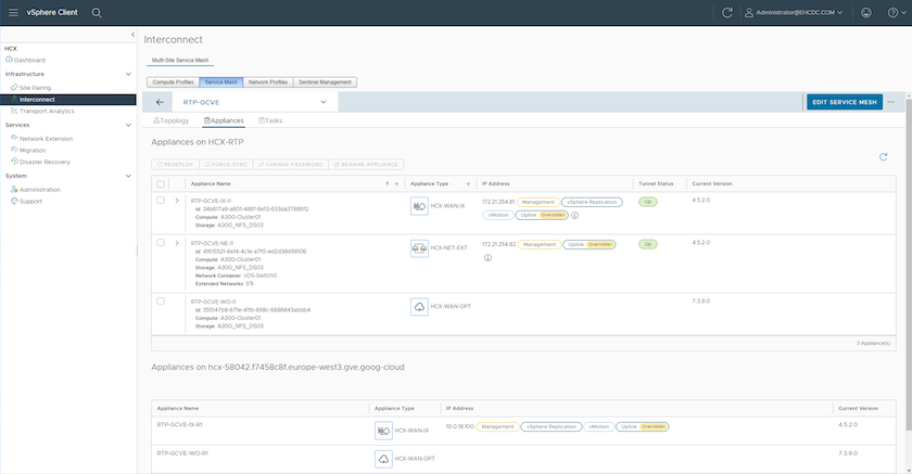 Captura de pantalla de los dispositivos HCX en la página de interconexión del cliente vSphere.