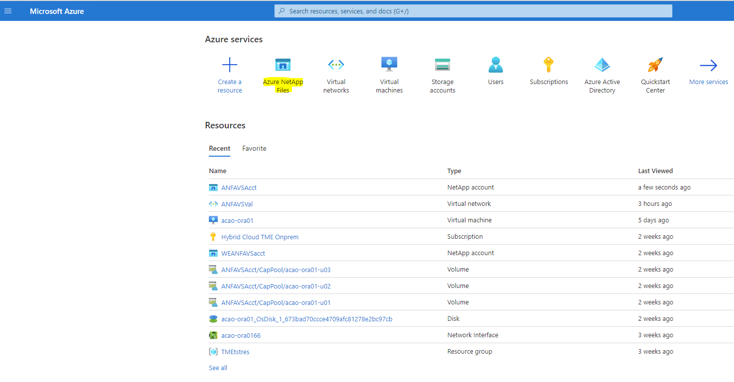 Esta captura de pantalla muestra la página Servicios de Azure, con ANF resaltado.