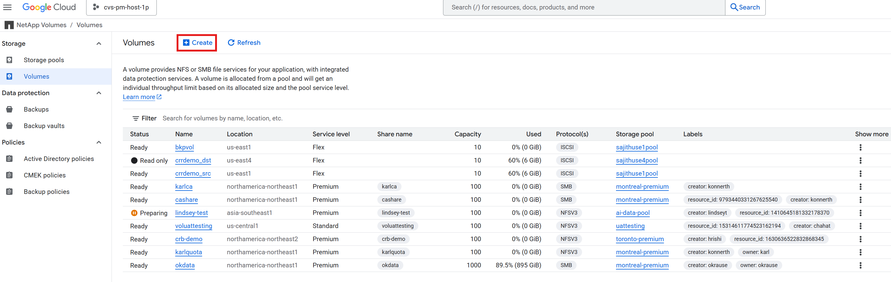 Esta imagen proporciona capturas de pantalla para la configuración de volúmenes GCNV para la implementación de Oracle en Google Cloud con NFS.