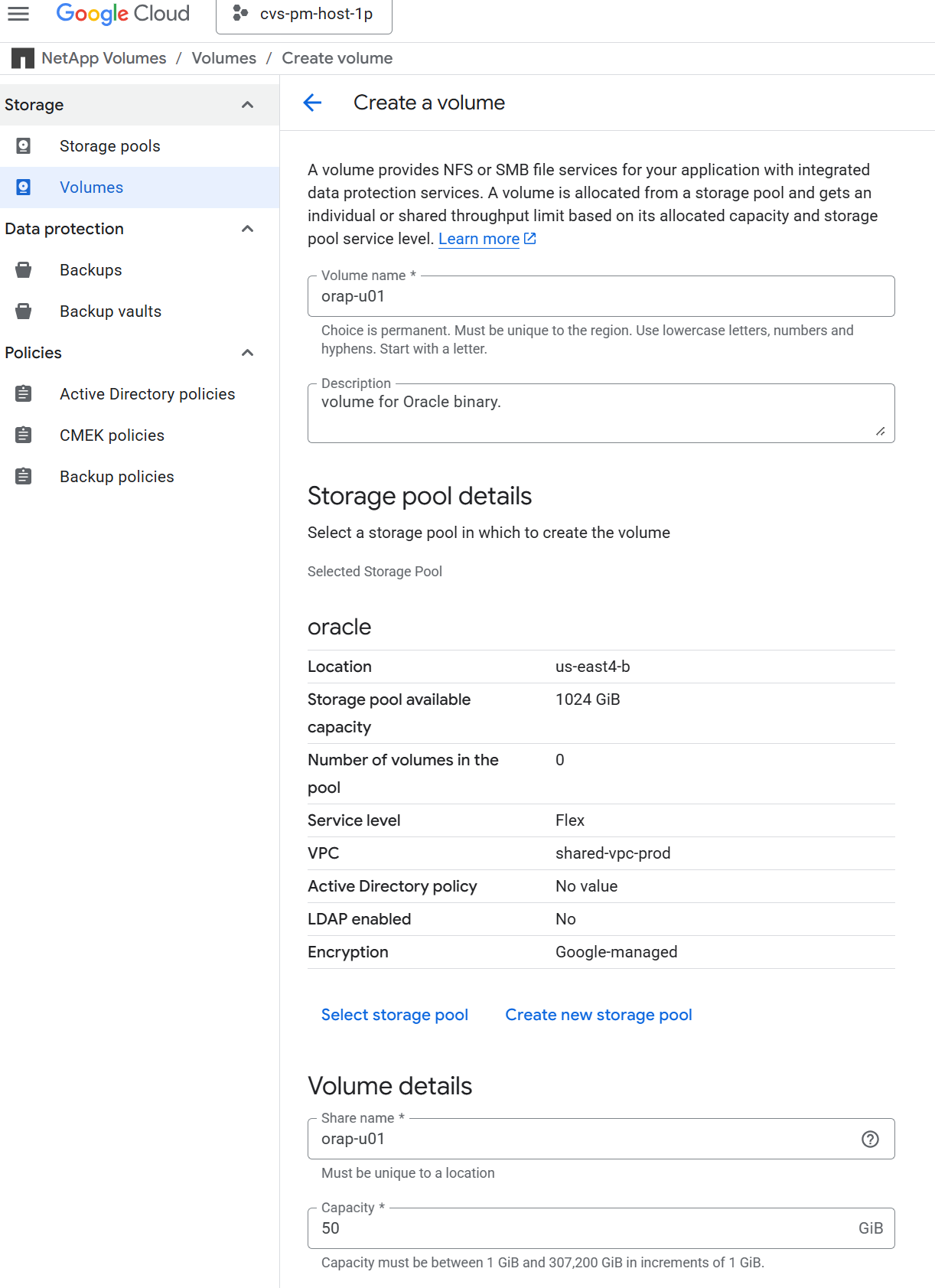 Esta imagen proporciona capturas de pantalla para la configuración de volúmenes GCNV para la implementación de Oracle en Google Cloud con NFS.