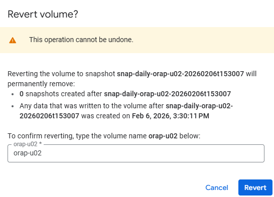 Esta imagen muestra capturas de pantalla para revertir instantáneas de volúmenes GCNV en una implementación de Oracle en Google Cloud con NFS.