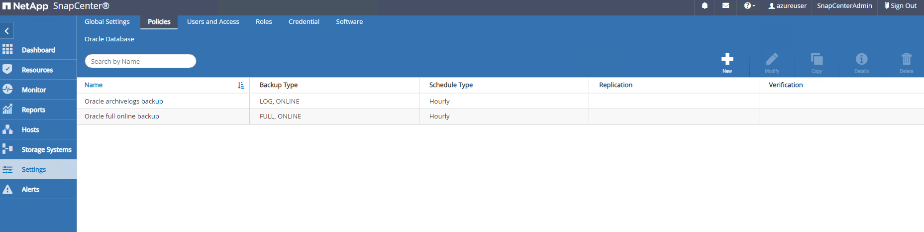 Esta imagen proporciona configuraciones y políticas para el servidor SnapCenter