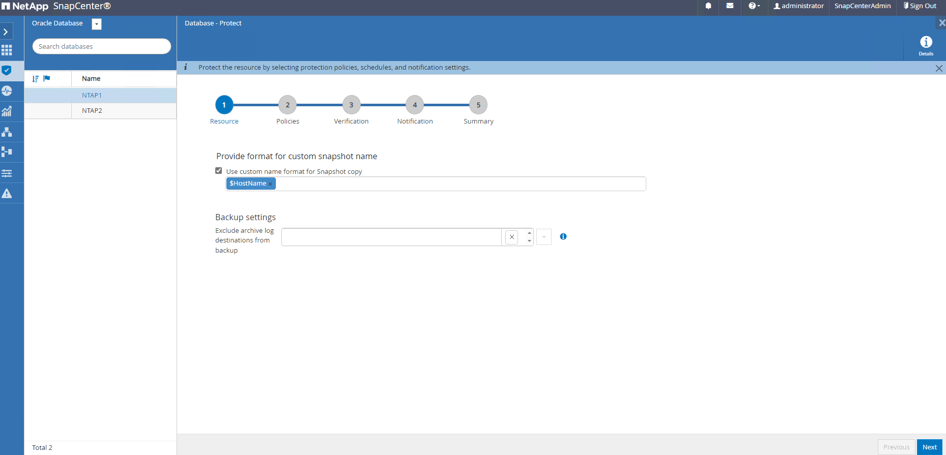 Captura de pantalla que muestra la configuración de SnapCenter .