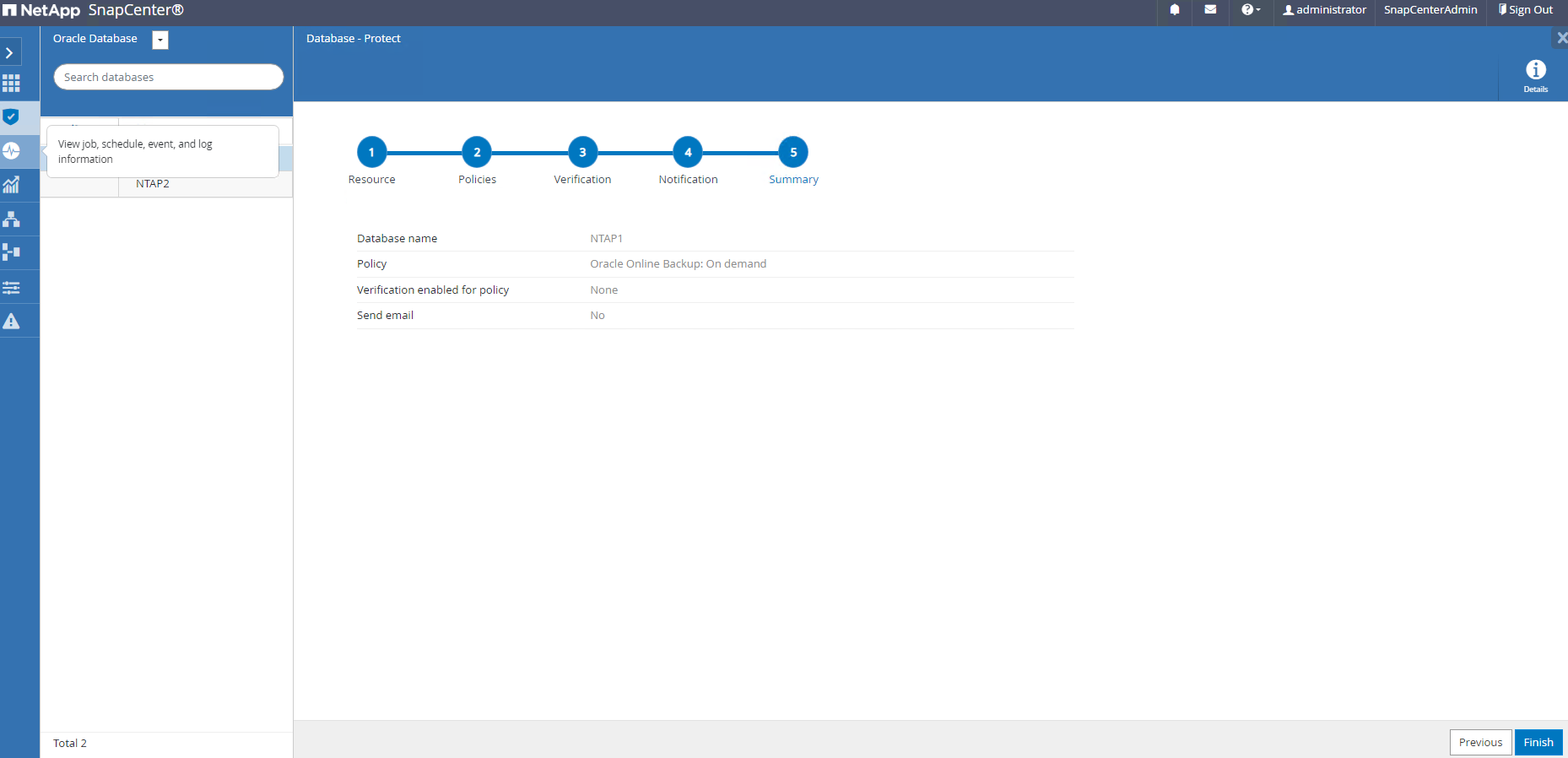 Captura de pantalla que muestra la configuración de SnapCenter .