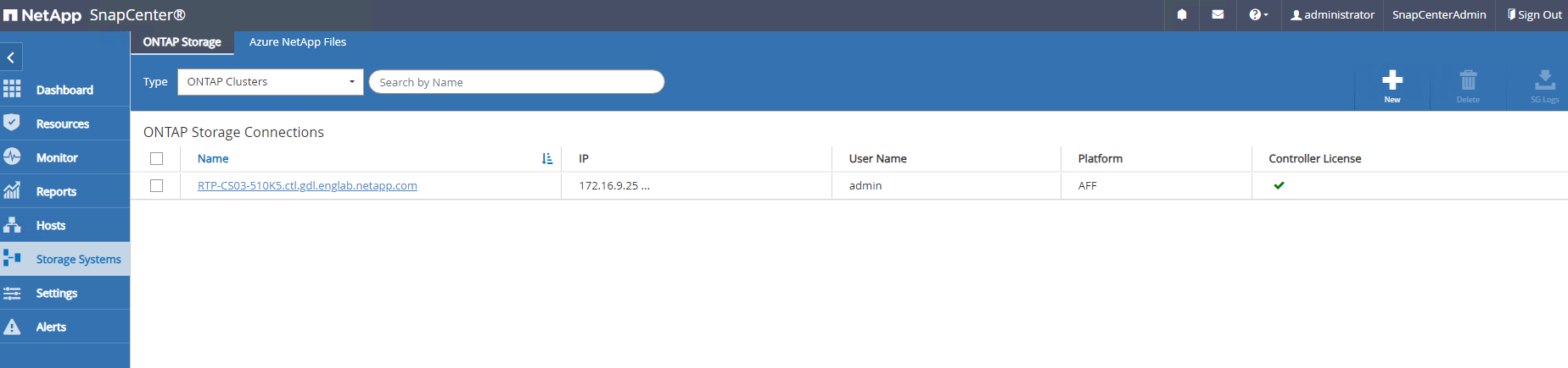 Captura de pantalla que muestra la configuración de SnapCenter .
