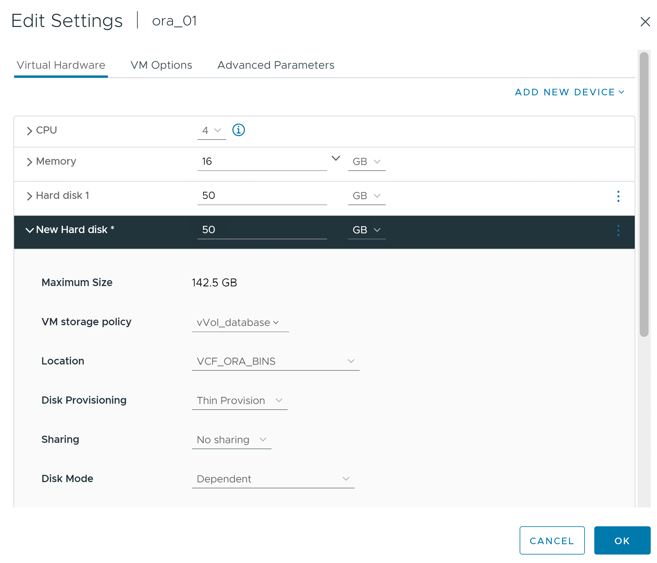 Captura de pantalla que muestra una configuración de almacenamiento de VM.