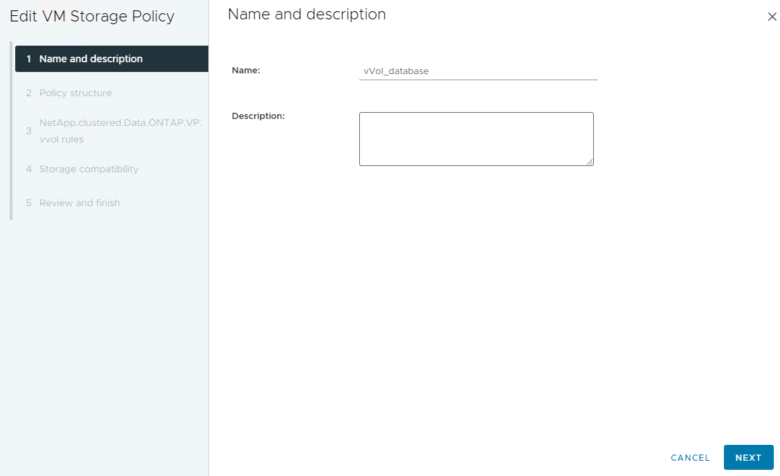 Captura de pantalla que muestra una configuración de política de almacenamiento de VM.