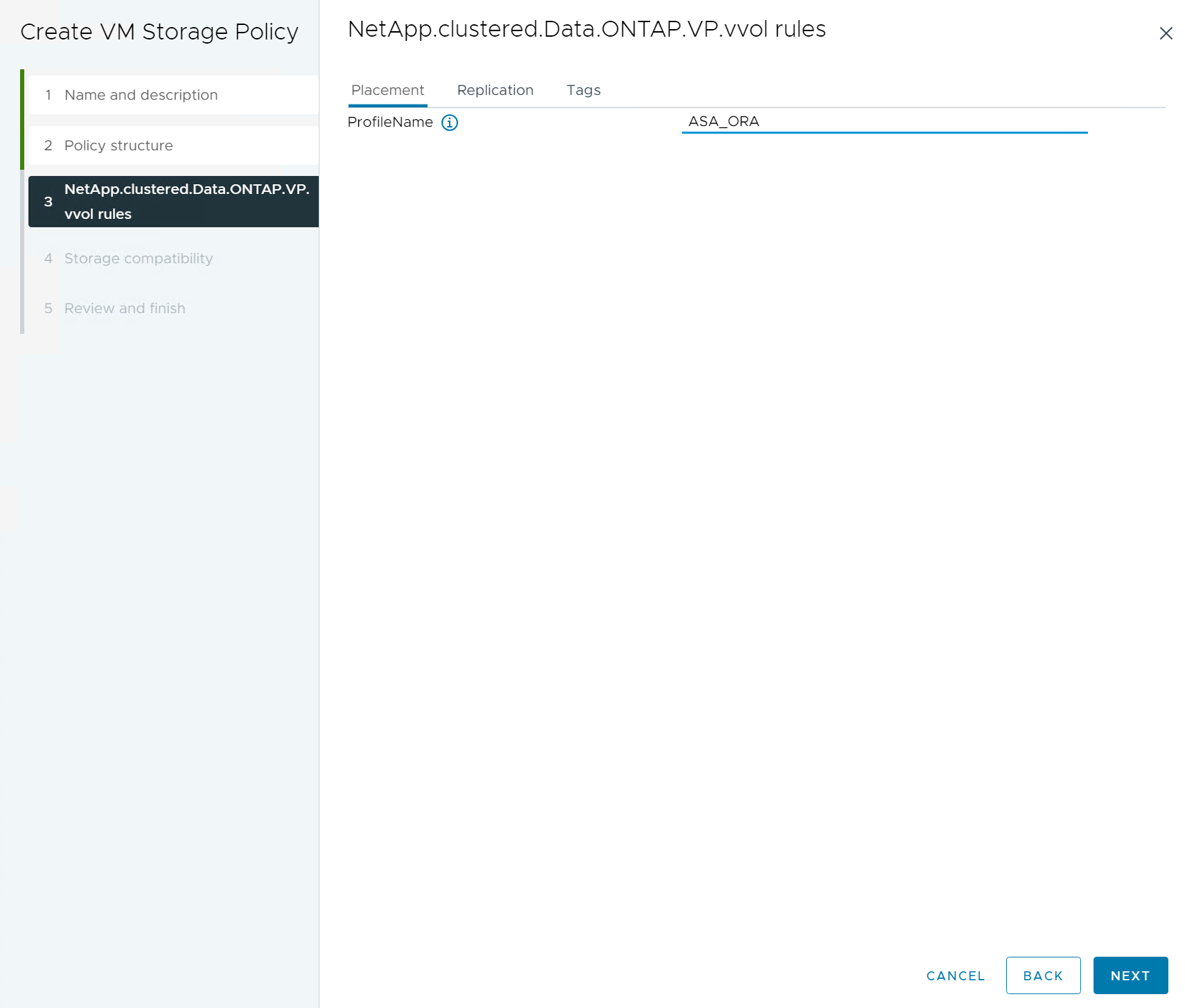 Captura de pantalla que muestra una configuración de política de almacenamiento de VM.