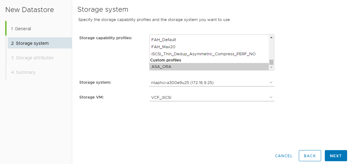 Captura de pantalla que muestra la configuración del almacén de datos vVols .
