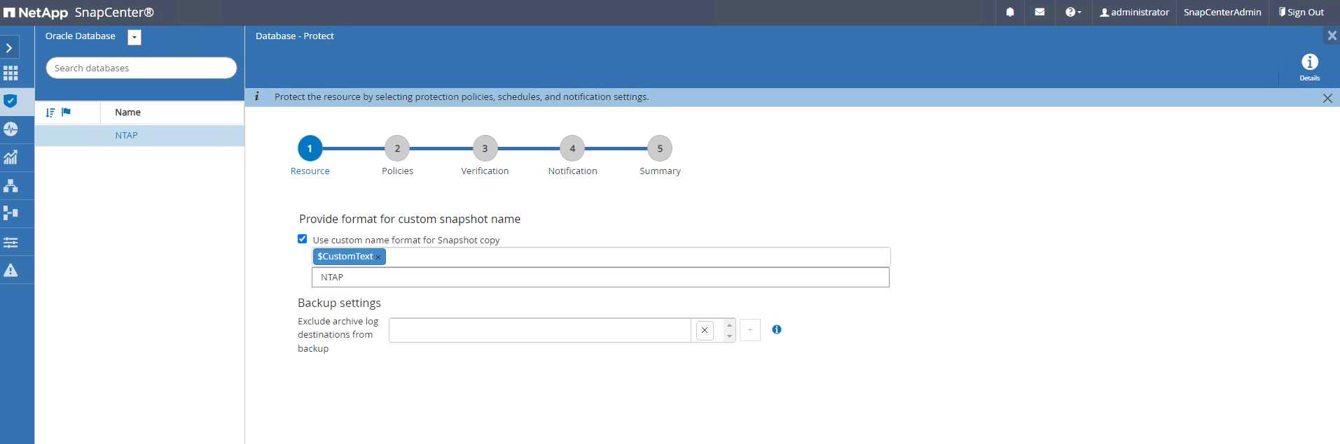Captura de pantalla que muestra la configuración de SnapCenter .