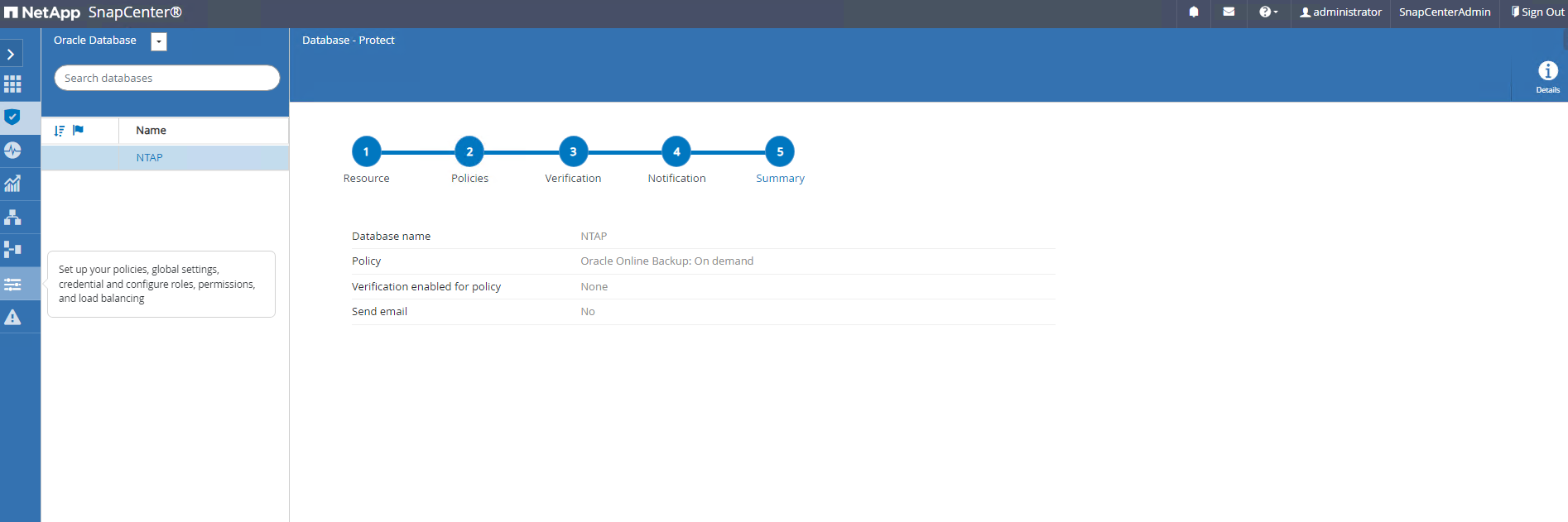 Captura de pantalla que muestra la configuración de SnapCenter .