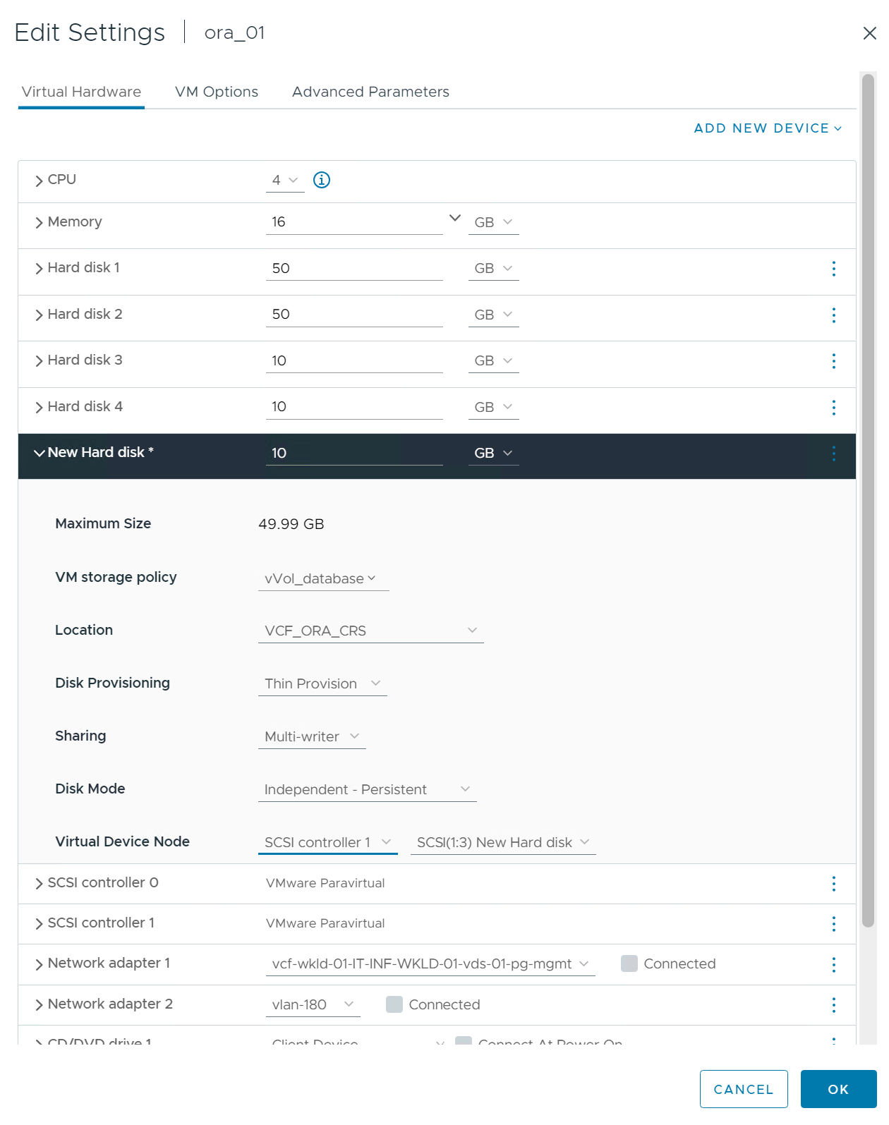 Captura de pantalla que muestra una configuración de almacenamiento de VM.