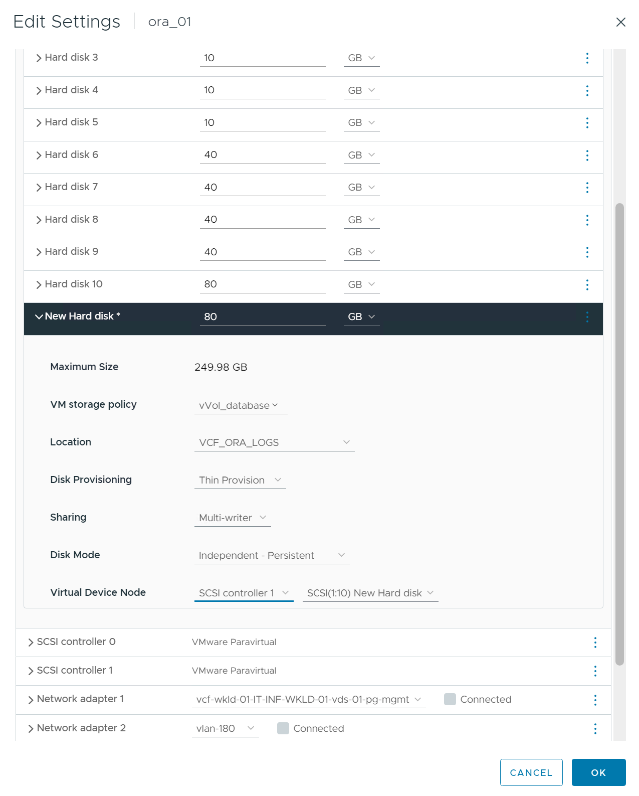 Captura de pantalla que muestra una configuración de almacenamiento de VM.