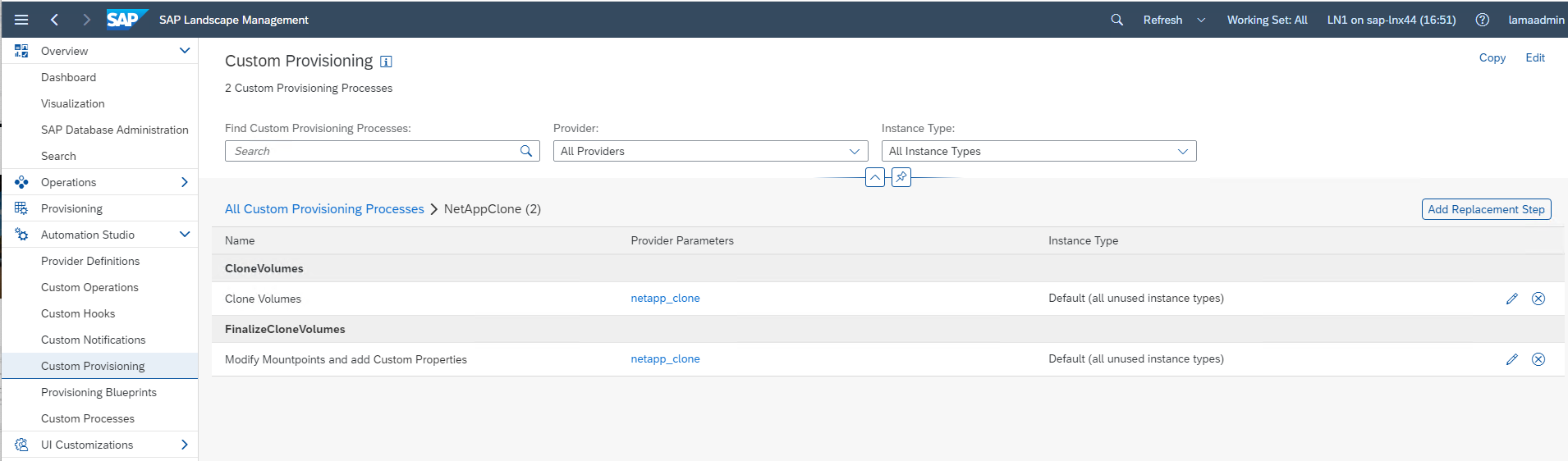 Captura de pantalla de la pantalla de configuración de aprovisionamiento personalizado. En la lista de procesos, CloneVolumes y FinalizeCloneVolumes.