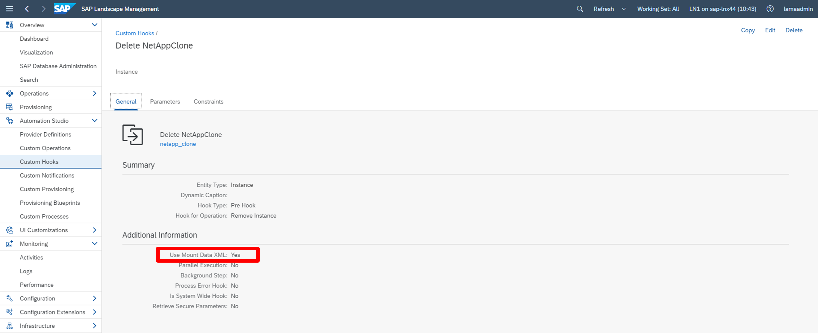 Captura de pantalla de Delete NetAppClone General con la opción "Use Mount Data XML yes" resaltada.
